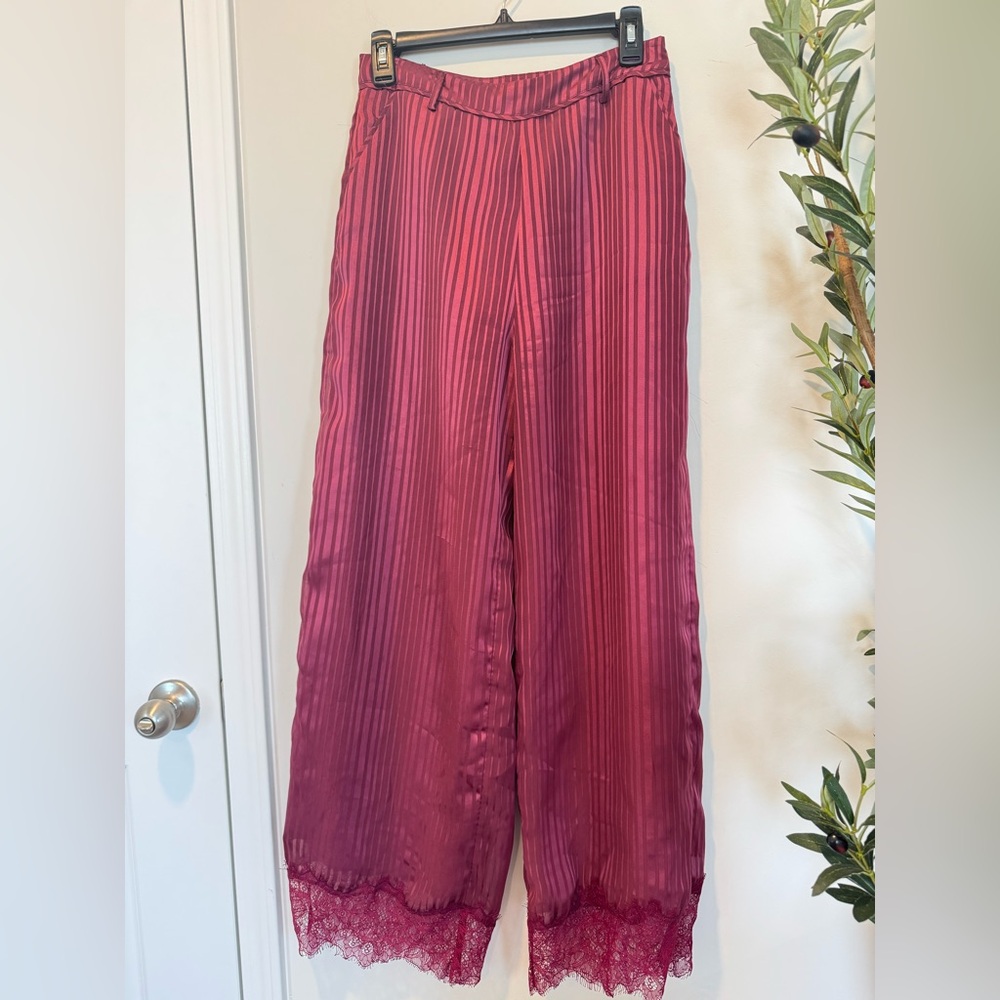 Tularosa Burgundy Striped Wide Leg Lace Hem Pants